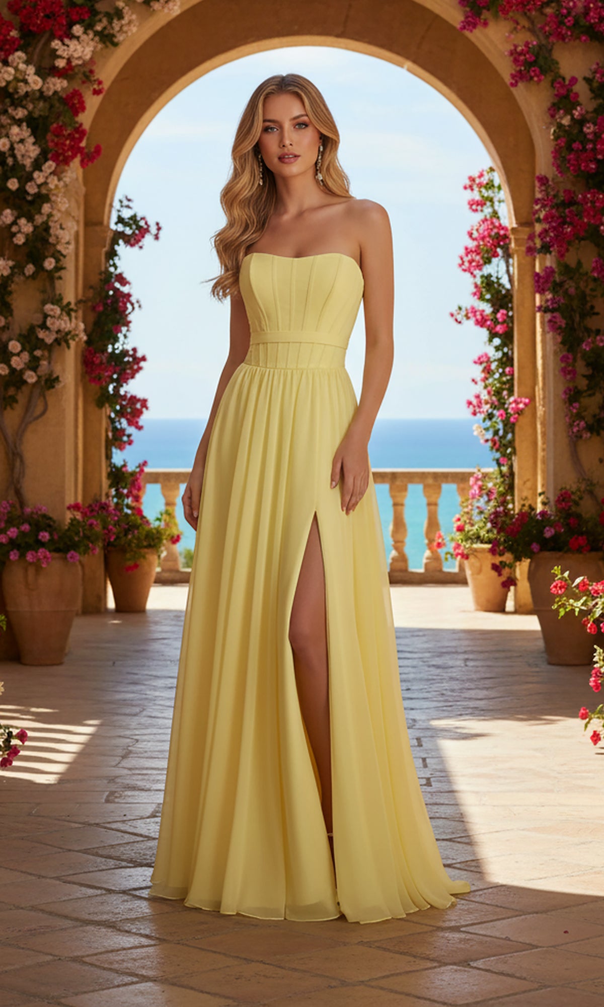 In a sunlit archway with sea and sky beyond, a woman wears the yellow PromGirl Exclusive 250236B long prom dress—strapless chiffon with a corset bodice and thigh-high slit—surrounded by blooming potted flowers.